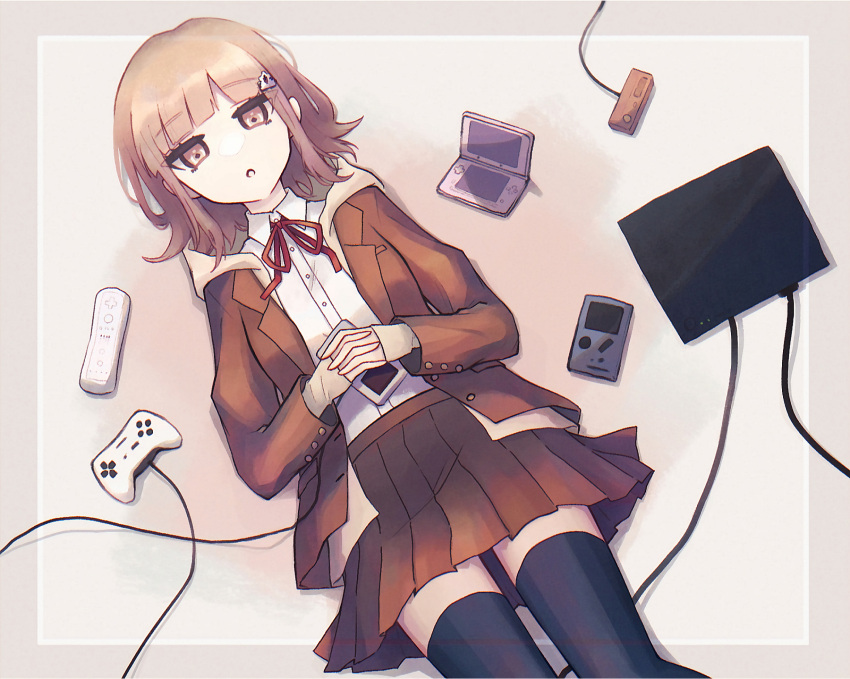 1girl :o black_thighhighs blunt_bangs brown_eyes brown_hair brown_jacket brown_skirt collared_shirt commentary_request controller danganronpa_(series) danganronpa_3_(anime) dress_shirt from_above galaga game_boy game_boy_(original) game_console game_controller glasses hair_ornament handheld_game_console highres hope's_peak_academy_school_uniform inase_(inasenanaki) jacket long_sleeves looking_at_viewer lying medium_hair miniskirt nanami_chiaki neck_ribbon nintendo_ds on_back open_clothes open_mouth own_hands_together pleated_skirt red_ribbon ribbon school_uniform shirt simple_background skirt solo spaceship_hair_ornament thigh-highs white_shirt wii_remote zettai_ryouiki