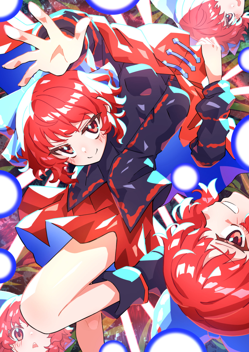 1girl black_footwear black_shirt blue_bow blush bow cape closed_mouth disembodied_head fuji_tarawi hair_bow highres long_sleeves red_cape red_eyes red_skirt redhead sekibanki shirt short_hair skirt smile solo touhou