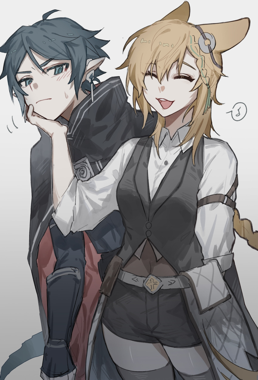 1boy 1girl absurdres animal_ears arknights black_hair black_thighhighs blonde_hair blush braid braided_ponytail cape closed_eyes closed_mouth collared_shirt grey_eyes hair_between_eyes hand_on_another's_chin highres kroos_(arknights) kroos_the_keen_glint_(arknights) long_hair looking_at_another musical_note open_mouth rabbit_ears rabbit_girl shirt short_hair short_shorts shorts simple_background spoken_musical_note teeth thigh-highs upper_teeth_only vambraces white_background white_shirt yezhicha30815 zuo_le_(arknights)