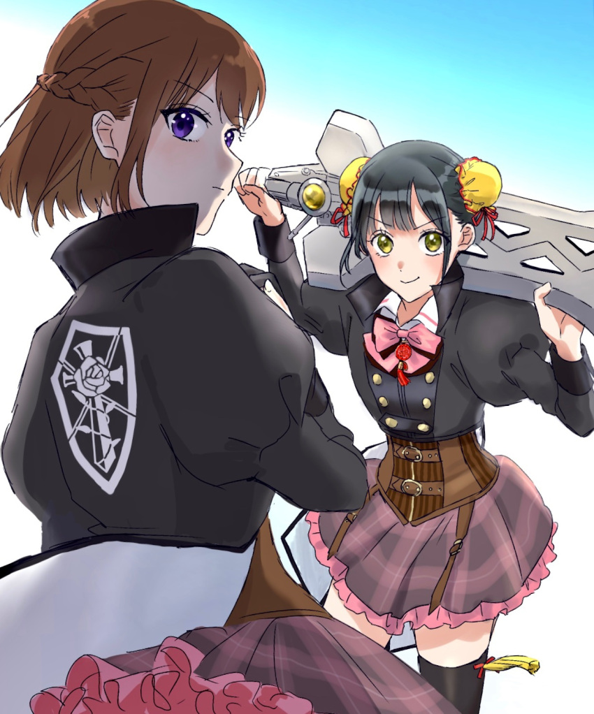 &gt;:) 2girls arm_up assault_lily belt belt_buckle black_hair black_jacket black_thighhighs blue_background bow bowtie braid brown_belt brown_hair brown_skirt buckle bun_cover buttons closed_mouth coattails collared_shirt commentary_request corset cowboy_shot double_bun emblem french_braid frilled_skirt frills gradient_background hair_bun hand_up high_collar highres holding holding_sword holding_weapon jacket jewelry juliet_sleeves li_christina_susu long_sleeves looking_at_viewer looking_to_the_side ludvico_private_girls'_academy_school_uniform miniskirt multiple_belts multiple_girls over_shoulder pendant pink_bow pink_bowtie puffy_sleeves school_uniform shakeza shirt short_hair sideways_glance skirt smile sword sword_over_shoulder takatori_natalie_towa tassel thigh-highs v-shaped_eyebrows violet_eyes weapon weapon_over_shoulder white_background white_shirt zettai_ryouiki