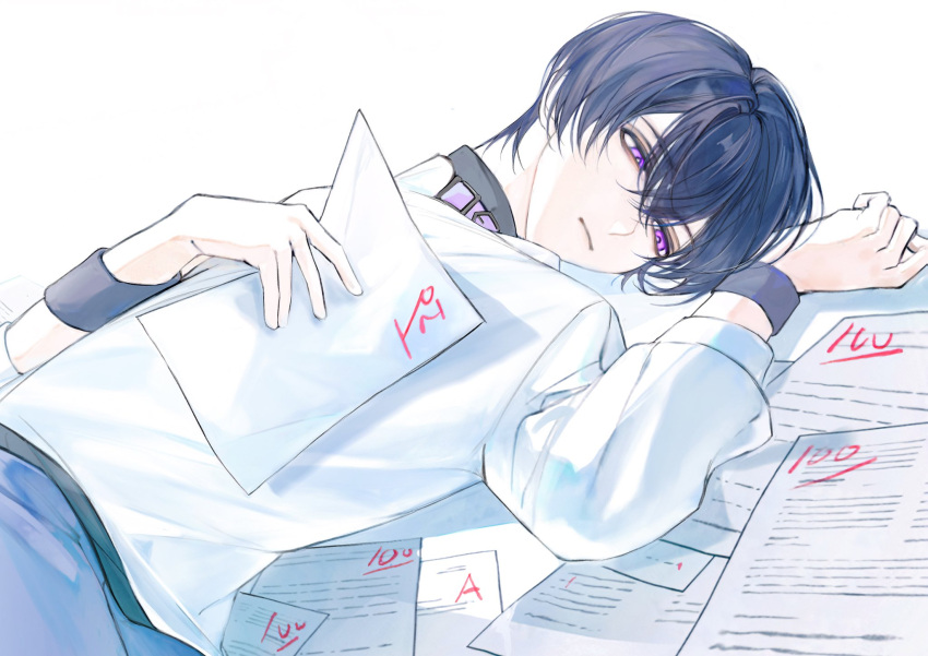 1boy closed_mouth feernze19 highres holding holding_paper long_sleeves lying male_focus marius_von_hagen_(tears_of_themis) on_back paper purple_hair short_hair simple_background solo sweater tears_of_themis violet_eyes white_background white_sweater