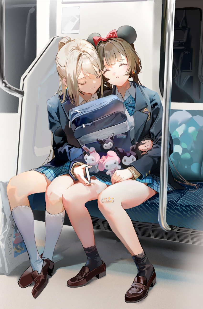 2girls anmi bag bandages black_jacket black_socks blue_bag bow bowtie brown_footwear brown_hair cellphone closed_eyes closed_mouth collar collared_shirt commentary hair_bow highres holding holding_phone hug jacket kneehighs kuromi light_brown_hair light_smile loafers long_hair long_sleeves low_twintails mickey_mouse_ears multiple_girls my_melody onegai_my_melody original parted_lips phone ponytail red_bow school_bag school_uniform shirt shoes skirt sleeping smartphone smile socks striped striped_bow striped_bowtie striped_skirt train twintails white_collar white_shirt white_socks