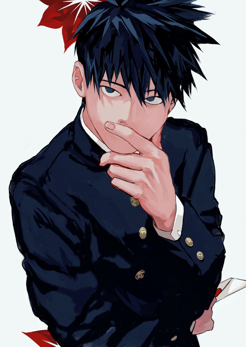 1boy absurdres black_hair covered_mouth finger_to_mouth gakuran hand_up highres holding holding_letter kageyama_ritsu letter long_sleeves looking_at_viewer male_focus mob_psycho_100 neige404 school_uniform short_hair simple_background solo upper_body white_background
