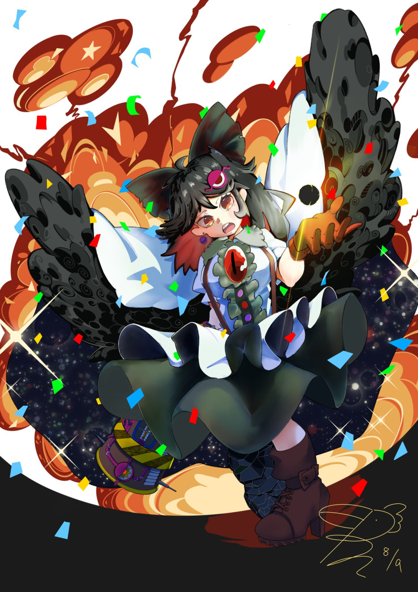 1girl arm_cannon asymmetrical_footwear bird_wings black_hair black_sun black_wings boots bow breasts brown_eyes brown_footwear brown_gloves brown_hair buttons cape center_frills collared_shirt colored_inner_hair commentary_request confetti explosion eye_hair_ornament fire frilled_shirt_collar frills full_body gloves green_bow green_skirt hair_bow highres large_breasts long_hair looking_at_viewer medium_bangs mismatched_footwear multicolored_hair open_mouth reiuji_utsuho rn_(sbr2933090) round_teeth shirt shoes short_sleeves single_shoe skirt solo starry_sky_print sun suspender_skirt suspenders teeth third_eye touhou upper_teeth_only weapon white_background white_cape white_shirt wings