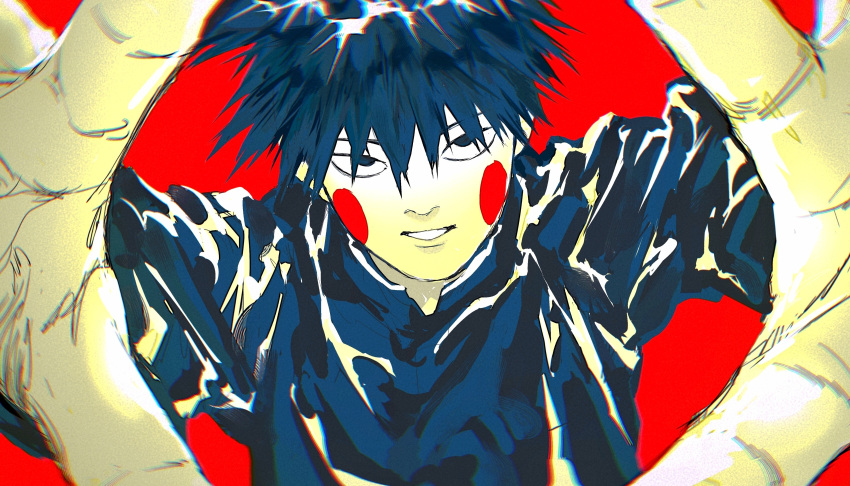 1boy absurdres black_hair blush_stickers ekubo_(mob_psycho_100) gakuran hair_over_eyes hands_up highres kageyama_ritsu long_sleeves male_focus mob_psycho_100 neige404 outstretched_arms reaching reaching_towards_viewer red_background school_uniform short_hair simple_background smile solo upper_body