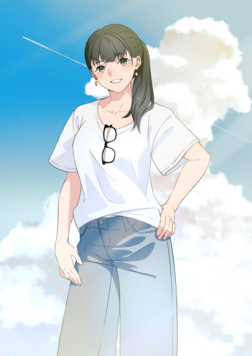 1girl amagami arm_at_side ayatsuji_tsukasa black-framed_eyewear black_hair blue_sky breasts casual clenched_teeth clouds collarbone contrail day denim earrings eyewear_hang eyewear_removed feet_out_of_frame glasses grey_eyes grey_pants hair_over_shoulder hand_on_own_hip highres jeans jewelry long_hair looking_at_viewer medium_breasts open_mouth outdoors pants ponytail ryo_taton shirt short_hair sky smile solo t-shirt teeth white_shirt