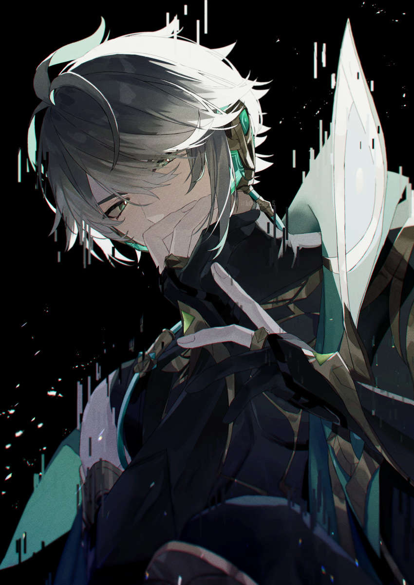 1boy absurdres ahoge alhaitham_(genshin_impact) aqua_cape aqua_eyes aqua_hair black_background black_gloves black_shirt cape covering_mouth crystal fingernails genshin_impact gloves grey_hair hair_between_eyes hand_on_own_face hands_up highres jewelry k0getsu_5 looking_down male_focus mandarin_collar multicolored_hair ring shirt short_hair simple_background single_bare_shoulder sleeveless sleeveless_shirt solo standing two-tone_hair v-shaped_eyebrows