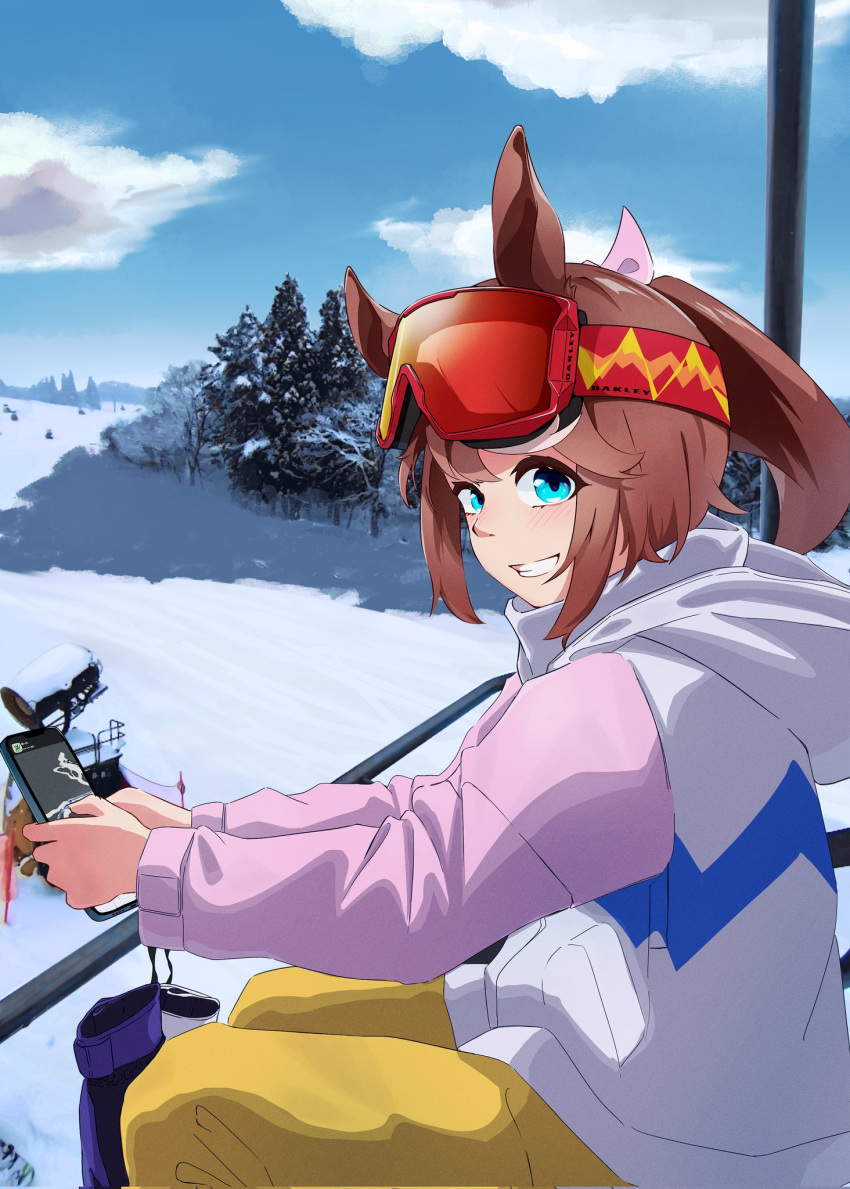1girl animal_ears blue_eyes blush brown_hair cellphone clouds coat day feet_out_of_frame goggles goggles_on_head grin highres holding holding_phone horse_ears long_hair long_sleeves looking_at_viewer looking_to_the_side mittens multicolored_hair outdoors pants phone photo_background ponytail ram_(p_searam) sitting ski_lift smartphone smile snow solo streaked_hair tokai_teio_(umamusume) tree umamusume white_coat winter_clothes winter_coat yellow_pants