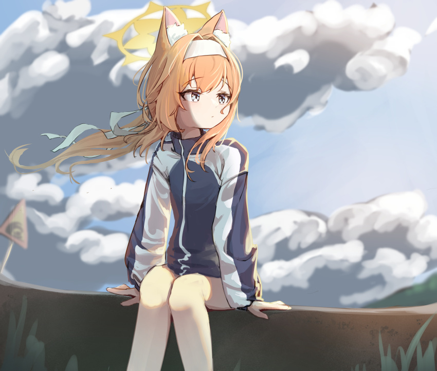 1girl absurdres animal_ears blue_archive closed_mouth clouds commentary_request fox_ears grey_eyes hairband halo highres jacket korean_commentary long_hair long_sleeves looking_afar low_ponytail mangotonic mari_(blue_archive) mari_(track)_(blue_archive) official_alternate_costume outdoors ponytail sitting solo track_jacket white_hairband yellow_halo