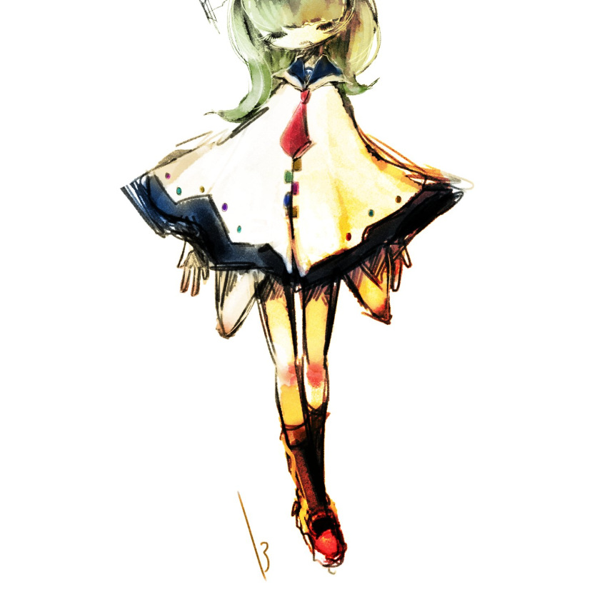13_31n 1girl arms_at_sides black_socks blue_sailor_collar blunt_bangs closed_eyes closed_mouth commentary crossed_legs extra_arms facing_down flipped_hair green_hair highres kneehighs long_eyelashes long_hair mary_janes necktie nizimine_kakoi no_pants poncho red_footwear red_necktie sailor_collar shoes signature simple_background socks solo straight-on thick_eyelashes utau white_background zipper zipper_pull_tab