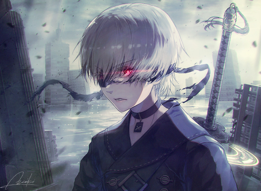 1boy 9s_(nier:automata) black_blindfold black_collar black_shirt blindfold building clouds cloudy_sky collar collared_shirt flood glowing glowing_eyes lira_mist nier:automata nier_(series) parted_lips red_eyes ruins shirt short_hair signature sky skyscraper solo sword sword_behind_back torn_blindfold upper_body water weapon white_hair