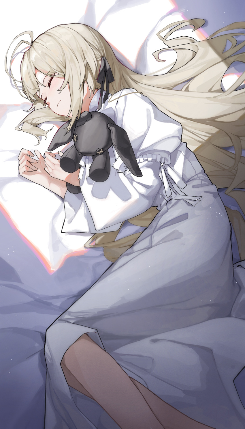 1girl absurdres ahoge black_ribbon closed_eyes closed_mouth commentary_request dress feet_out_of_frame hair_ribbon hands_up highres kasugano_sora light_brown_hair long_hair long_sleeves lying on_side ribbon sentter sleeping solo stuffed_animal stuffed_toy white_dress yosuga_no_sora