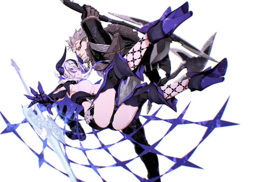 1boy 1girl aslaug_(fate) ass aunt_and_niece black_footwear black_horns blue_eyes breasts colored_inner_hair fate:lost_einherjar fate_(series) highres horns husband_and_wife large_breasts looking_at_viewer miwa_shirow multicolored_hair official_art ragnar_lodbrok_(fate) white_background