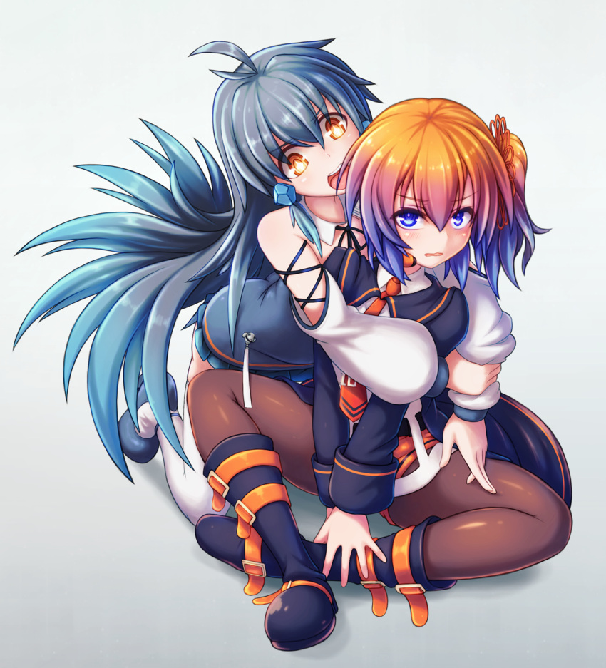 2girls :d ane_iltan_(infiniteloop) annoyed black_footwear black_jacket black_ribbon blue_dress blue_eyes blue_footwear blue_hair blush boots brown_thighhighs buckle collared_shirt commentary_request crossed_legs detached_sleeves dress earrings gradient_hair grey_background hair_between_eyes hair_ornament highres hug hug_from_behind iltan_(infiniteloop) infiniteloop jacket jewelry long_hair looking_at_viewer multicolored_hair multiple_girls neck_ribbon necktie on_floor one_side_up orange_hair orange_necktie orange_shorts pants poifuru ribbon shirt shoes short_hair shorts sitting smile strap thigh-highs virtual_youtuber white_pants white_shirt wing_collar