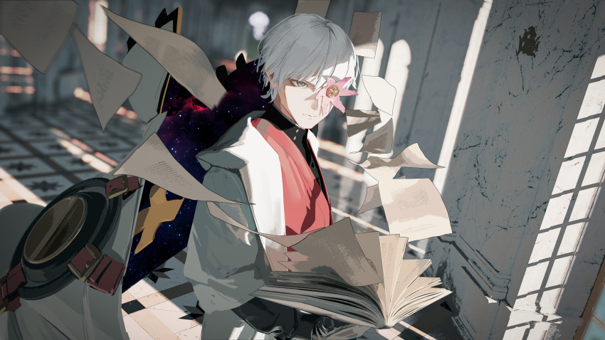 1boy absurdres asuka_r._kreutz black_gloves blurry blurry_background book cape closed_mouth detached_cape flower flower_in_eye gloves green_eyes guilty_gear guilty_gear_strive highres holding holding_book indoors male_focus open_book paper pink_flower solo symbol_in_eye tacshojosora white_hair window