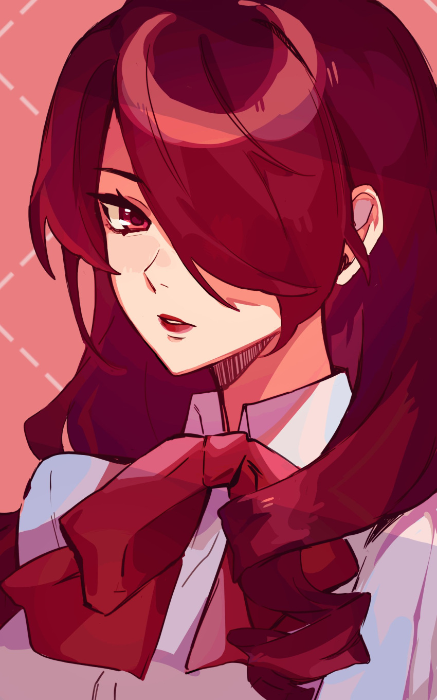 1girl absurdres bow bowtie collared_shirt commentary drill_hair emi_star gekkoukan_high_school_uniform hair_over_one_eye highres kirijou_mitsuru lips lipstick looking_at_viewer makeup one_eye_covered parted_lips persona persona_3 pink_background red_bow red_bowtie red_eyes red_lips redhead school_uniform shirt solo symbol-only_commentary uniform white_shirt