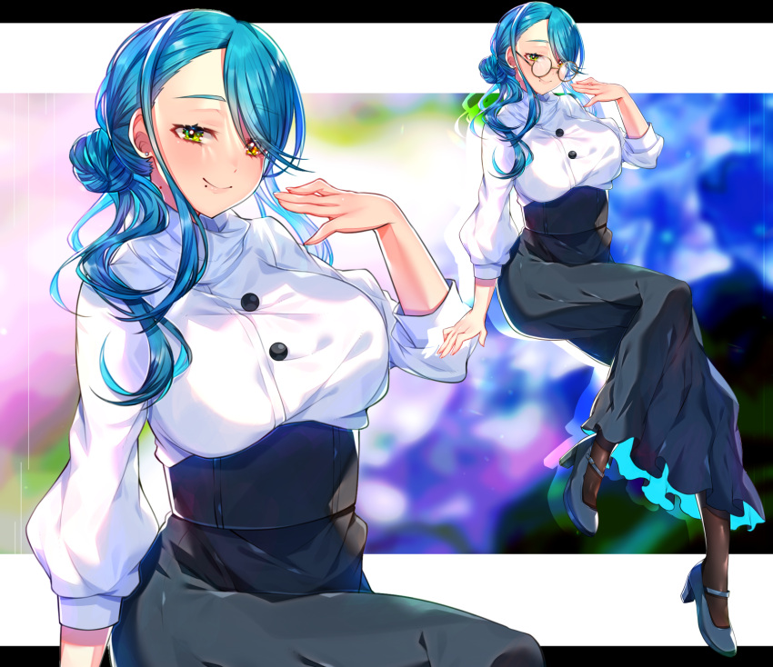 1girl akirannu black_pantyhose blue_footwear blue_hair blue_skirt breasts closed_mouth drop_shadow earrings full_body glasses green_eyes hand_up heterochromia high-waist_skirt highres jewelry large_breasts letterboxed long_hair long_skirt long_sleeves looking_at_viewer mole mole_under_mouth original pantyhose puffy_long_sleeves puffy_sleeves shirt skirt smile stud_earrings variations white_shirt yellow-framed_eyewear yellow_eyes zoom_layer