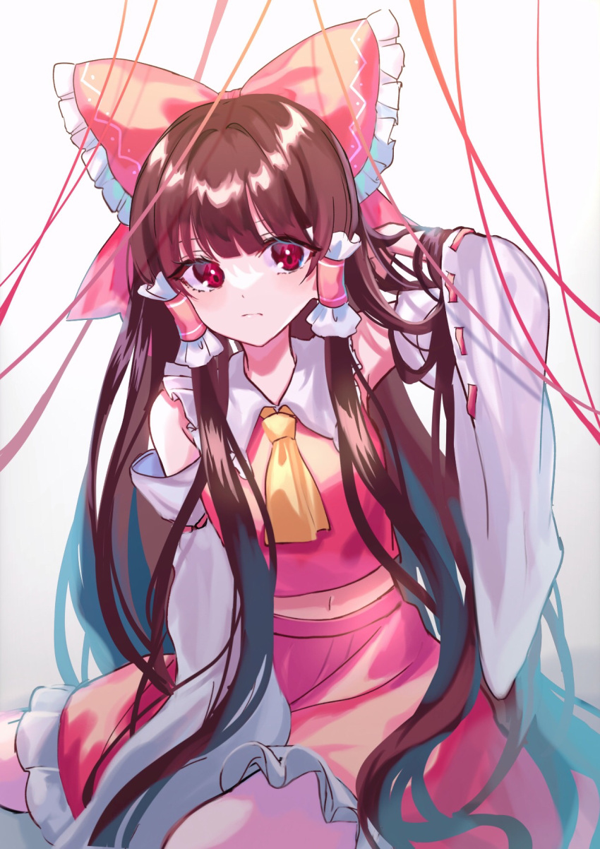 1girl arm_up armpit_crease armpits bare_shoulders blunt_bangs bow breasts brown_hair closed_mouth commentary_request detached_sleeves dot_nose expressionless frilled_bow frilled_hair_tubes frilled_shirt_collar frills hair_bow hair_intakes hair_tubes hakurei_reimu highres light_blush long_hair long_sleeves looking_at_viewer midriff navel petticoat red_bow red_eyes red_ribbon red_skirt red_vest ribbon ribbon-trimmed_sleeves ribbon_trim sidelocks simple_background sitting skirt skirt_set small_breasts solo touhou twisted_torso very_long_hair vest wariza white_background wide_sleeves yomogi_9392
