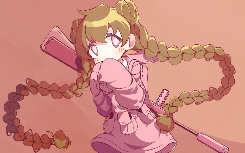 1girl belt_pouch braid bright_pupils brown_eyes brown_hair commentary_request covering_mouth double_bun e.g.o_(project_moon) employee_(lobotomy_corporation) gun gun_on_back hair_bun hoshizuki_sakusa jacket lobotomy_corporation long_hair no_nose orange_background pink_jacket pouch project_moon shirt simple_background sleeves_past_fingers sleeves_past_wrists solo twin_braids upper_body weapon weapon_on_back white_pupils white_shirt