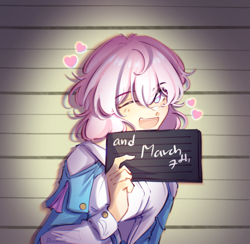 1girl artist_name barbie_(franchise) barbie_(live_action) barbie_mugshot_(meme) blue_eyes blue_jacket blush breasts buttons character_name collared_shirt deexaxu english_commentary fang hair_between_eyes hand_up heart highres holding holding_sign honkai:_star_rail honkai_(series) jacket long_sleeves looking_at_viewer march_7th_(honkai:_star_rail) medium_breasts meme multicolored_eyes one_eye_closed open_clothes open_jacket open_mouth pink_hair puffy_long_sleeves puffy_sleeves shadow shirt short_hair sign smile solo standing teeth tongue upper_body violet_eyes wall white_shirt