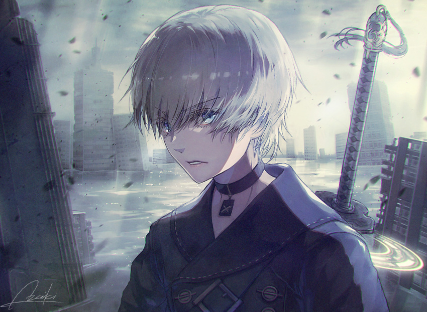 1boy 9s_(nier:automata) black_blindfold black_collar black_shirt blindfold blue_eyes building clouds cloudy_sky collar collared_shirt flood glowing lira_mist looking_at_viewer nier:automata nier_(series) parted_lips ruins shirt short_hair signature sky skyscraper solo sword sword_behind_back torn_blindfold upper_body water weapon white_hair