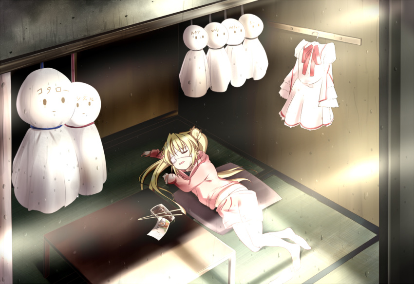 1girl barefoot blonde_hair can canned_food casual chopsticks closed_eyes commentary_request day dress dress_removed drooling eyepatch frilled_dress frilled_sleeves frills hair_between_eyes hood hood_down hoodie indoors juliet_sleeves kazamatsuri_institute_high_school_uniform light_rays long_hair long_sleeves lying mouth_drool nakatsu_shizuru neck_ribbon on_floor on_side one_eye_covered open_mouth pink_dress pink_hoodie pink_shorts puffy_sleeves rain red_ribbon rewrite ribbon school_uniform shorts sleeping sleeves_past_wrists smile solo sunbeam sunlight tagame_(tagamecat) tatami teruterubouzu translated twintails wide_shot wide_sleeves window