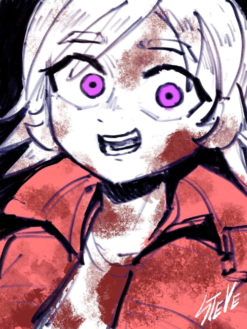 1girl blood blood_on_clothes blood_on_face crazy_eyes crazy_smile jacket long_hair looking_at_viewer open_mouth original_character portrait smile solo stevegrey violet_eyes