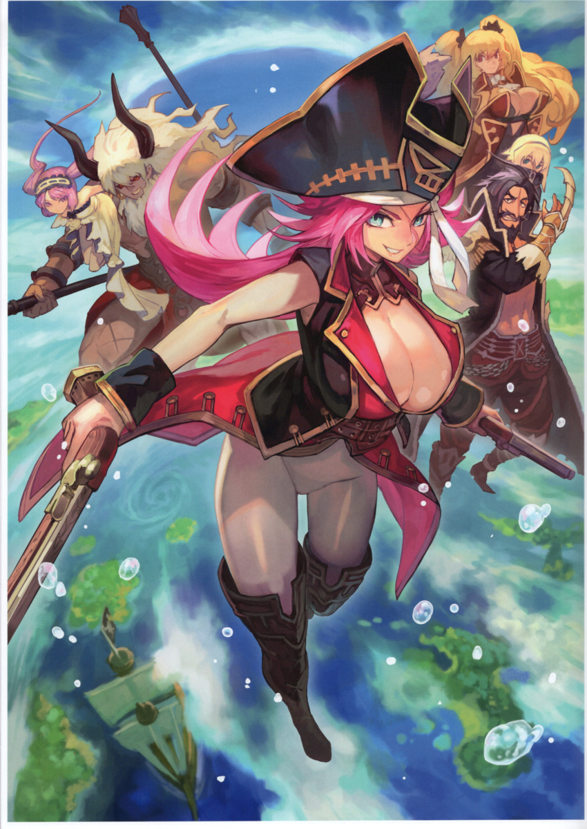 absurdres anne_bonny_(fate) asterios_(fate) blonde_hair breasts clouds cloudy_sky edward_teach_(fate) euryale_(fate) fate/extella fate/extella_link fate/extra fate/grand_order fate_(series) francis_drake_(fate) gun hat highres lack large_breasts long_hair mary_read_(fate) ocean pink_hair pirate pirate_hat scar scar_on_face ship short_hair sky watercraft weapon