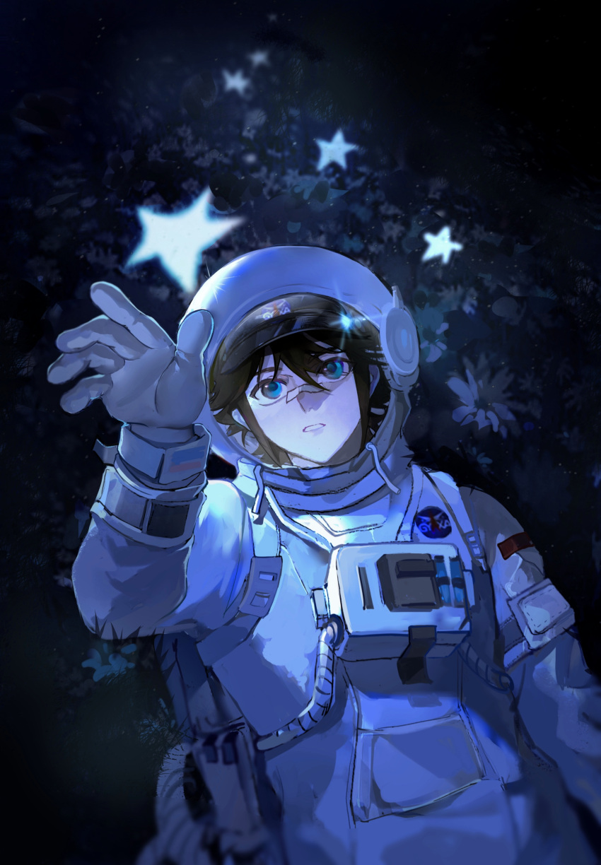 1boy absurdres ace_attorney arm_at_side astronaut bandaid bandaid_on_face bandaid_on_nose black_hair blue_eyes clay_terran field flower flower_field gloves hand_up helmet highres looking_at_viewer lying male_focus marrysuwan on_back on_grass parted_lips reaching solo space_helmet spacesuit star_(symbol) upper_body white_gloves