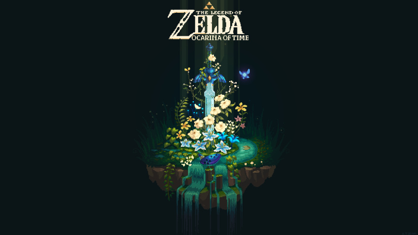 blue_flower fairy floating_island flower grass highres instrument itzah lily_pad master_sword navi no_humans ocarina petals pixel_art plant planted planted_sword scenery silent_princess sword the_legend_of_zelda the_legend_of_zelda:_ocarina_of_time vines water waterfall weapon white_flower yellow_flower