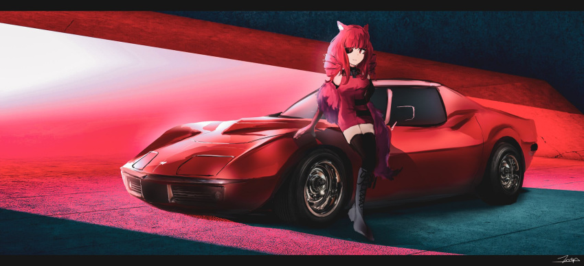 1girl black_footwear black_thighhighs boots breasts car chevrolet chevrolet_corvette chevrolet_corvette_c3 commission dress elbow_gloves eyepatch fur_scarf gloves highres knee_boots medium_breasts motor_vehicle nougat_(73r1r1) one_eye_covered original red_eyes red_gloves red_scarf redhead scarf sleeveless sleeveless_dress smile sports_car thigh-highs vehicle_focus