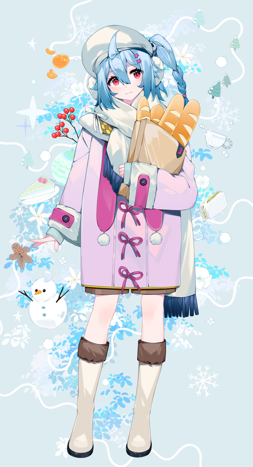1girl absurdres bag baguette bilibili blue_hair boots bread brown_shorts cake cake_slice character_request closed_mouth coat commentary_request cup earmuffs food fringe_trim full_body fur-trimmed_sleeves fur_trim grey_background hair_between_eyes hair_ornament hat head_tilt highres long_hair long_sleeves looking_at_viewer object_hug official_art paper_bag pink_coat prophet_chu red_eyes sandwich scarf shorts simple_background sleeves_past_wrists smile snowman solo standing star_(symbol) star_hair_ornament white_footwear white_scarf