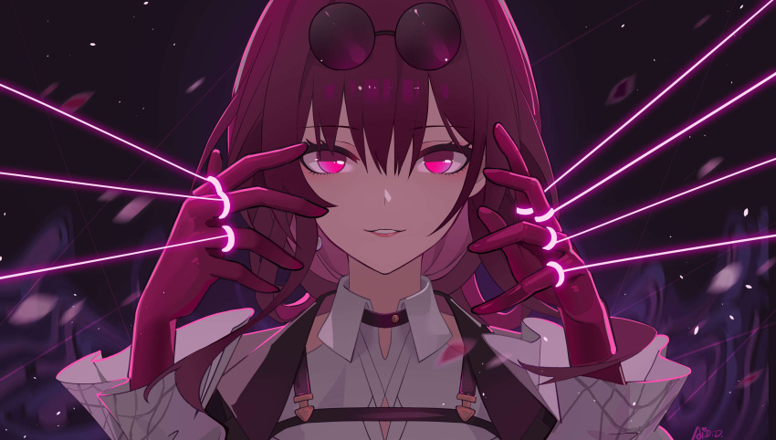 1girl absurdres ai_dongdong artist_name collared_shirt commentary_request eyewear_on_head gloves hands_up highres honkai:_star_rail honkai_(series) jewelry kafka_(honkai:_star_rail) long_hair long_sleeves looking_at_viewer parted_lips pink_eyes portrait puppet_rings puppet_strings purple_gloves purple_hair ring round_eyewear shirt spider_web_print sunglasses white_shirt