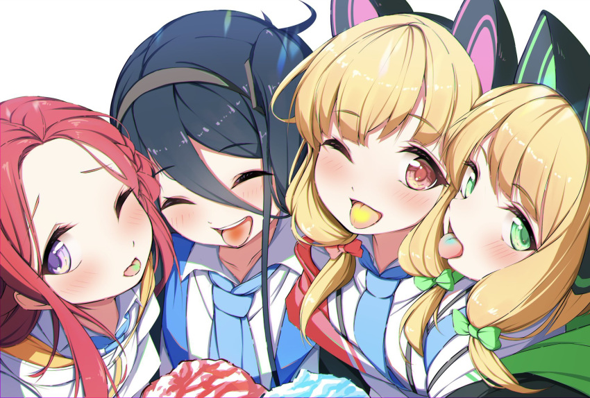 4girls animal_ear_headphones animal_ears aris_(blue_archive) black_hair blonde_hair blue_archive blue_necktie blush bow cat_ear_headphones closed_eyes colored_tongue commentary_request fake_animal_ears food forehead game_development_department_(blue_archive) green_bow green_eyes hair_between_eyes hair_bow hairband headphones highres jacket looking_at_viewer midori_(blue_archive) momoi_(blue_archive) multiple_girls necktie nojikorirakkusu one_eye_closed parted_bangs pink_bow red_eyes redhead shaved_ice teeth tongue tongue_out upper_body upper_teeth_only violet_eyes white_jacket yuzu_(blue_archive)