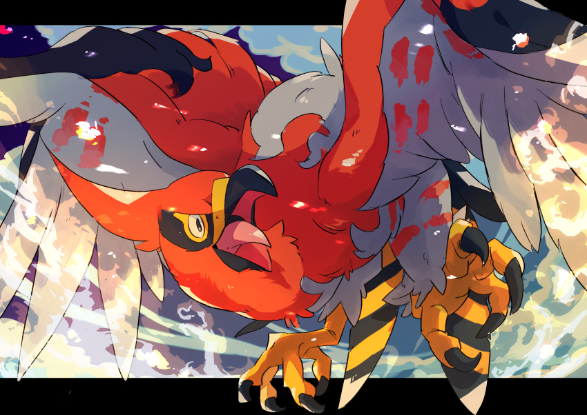 45_(maruyaki45) absurdres animal_focus beak bird black_eyes claws commentary_request feathers flying highres letterboxed looking_to_the_side no_humans open_mouth outside_border pokemon pokemon_(creature) talonflame talons tongue wings