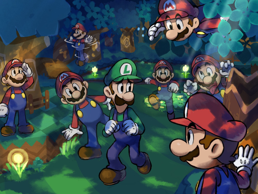6+boys blue_overalls boots brothers brown_hair facial_hair forest gloves green_headwear green_shirt hat highres luigi mario mario_&amp;_luigi_rpg masanori_sato_(style) multiple_boys multiple_persona mustache nature open_mouth overalls red_headwear red_shirt shirt short_hair siblings super_mario_bros. tongue tongue_out tree white_gloves ya_mari_6363