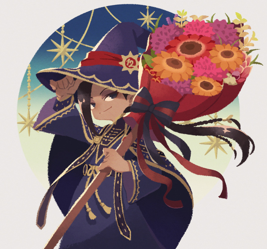 1boy bamboo_grass blue_eyes blue_headwear blue_robe bow braid broom brown_hair closed_mouth eyelashes flower hat holding holding_broom jamil_viper long_hair long_sleeves male_focus pink_flower red_flower robe smile solo tan twisted_wonderland witch_hat yellow_flower