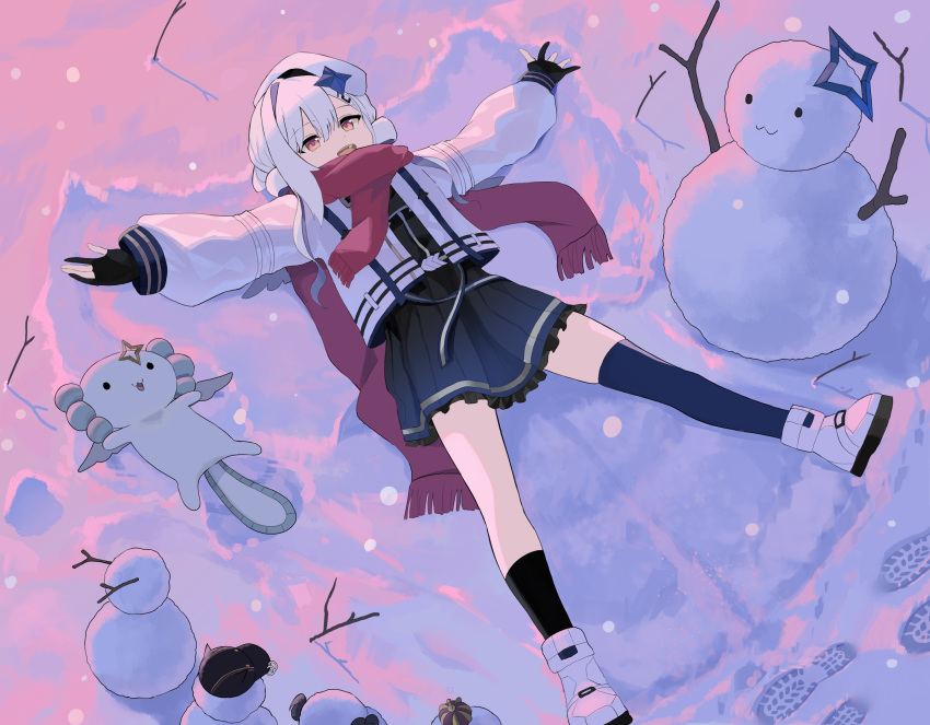 1girl amane_kanata asymmetrical_legwear beret black_gloves black_socks blue_halo blue_skirt blue_thighhighs commentary_request footprints frilled_skirt frills gloves halo hat highres hololive jacket long_sleeves lying naseul_777 on_back open_mouth outdoors partially_fingerless_gloves pink_eyes pleated_skirt red_scarf scarf shoes single_thighhigh skirt smile snow snow_angel snowing snowman socks solo star_halo thigh-highs virtual_youtuber white_footwear white_headwear white_jacket