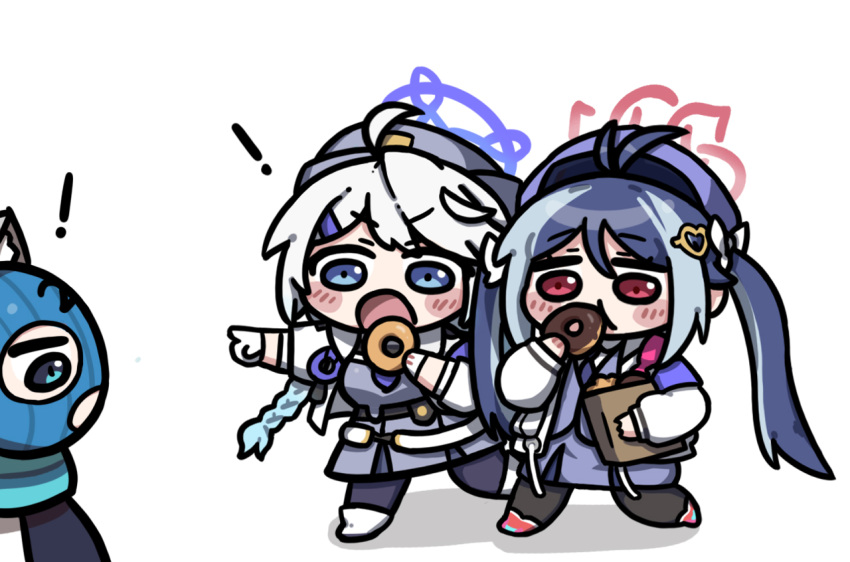 ! 3girls animal_ear_fluff animal_ears antenna_hair armband beleullin blue_archive blue_eyes blue_hair blue_necktie blue_scarf blue_vest blush_stickers boots chibi commentary_request doughnut eating food fubuki_(blue_archive) full_body gloves grey_hair hair_ornament halo hat heart heart_hair_ornament holding holding_food kirino_(blue_archive) mask multicolored_hair multiple_girls necktie open_mouth pointing pointing_at_another police police_hat police_uniform policewoman purple_armband scarf shiroko_(blue_archive) shirt simple_background streaked_hair uniform vest white_background white_gloves white_hair white_shirt