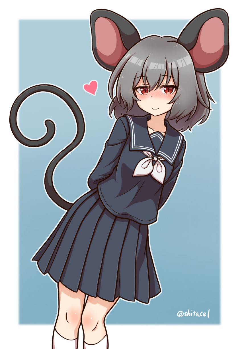1girl animal_ears black_skirt blush closed_mouth feet_out_of_frame grey_hair hair_between_eyes highres long_sleeves mouse_ears mouse_tail nazrin pleated_skirt red_eyes school_uniform shitacemayo short_hair skirt smile socks solo tail touhou twitter_username white_socks