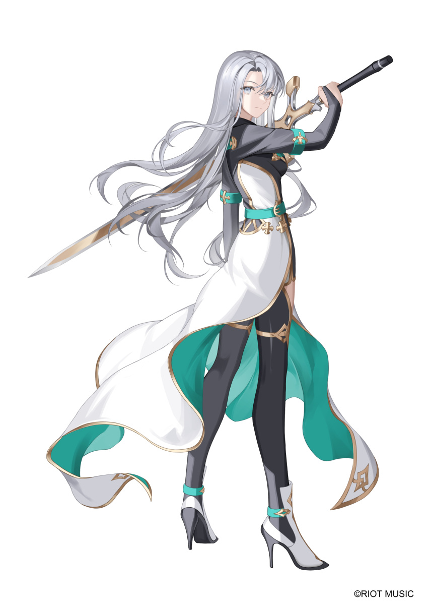 1girl boots breasts bridal_gauntlets full_body grey_eyes grey_hair high_heel_boots high_heels highres holding holding_sword holding_weapon long_hair looking_at_viewer medium_breasts original pantyhose solo standing sword tsuki-shigure weapon