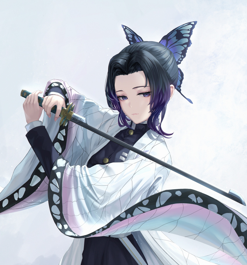 1girl absurdres black_hair butterfly_hair_ornament closed_mouth commentary demon_slayer_uniform expressionless gradient_hair hair_ornament haori highres holding holding_sword holding_weapon japanese_clothes kimetsu_no_yaiba kochou_shinobu looking_at_viewer multicolored_hair parted_bangs purple_hair revision sidelocks simple_background solo sword sword_writing tooku0 two-tone_hair updo upper_body violet_eyes weapon wide_sleeves