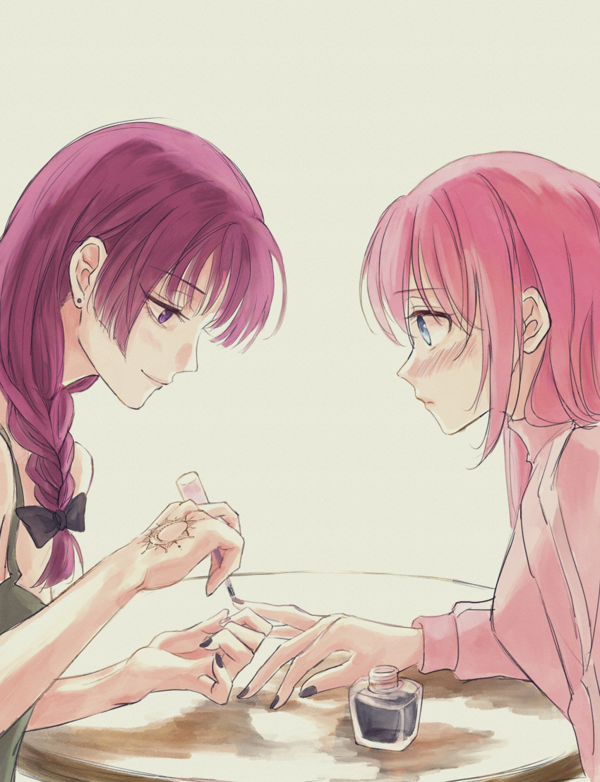 2girls absurdres black_nails blush bocchi_the_rock! bow braid breasts brown_hair earrings fingernails gotoh_hitori hair_bow hand_tattoo highres hiroi_kikuri jacket jewelry looking_at_another medium_breasts multiple_girls nail_polish painting_nails pink_hair pink_jacket profile simple_background smile stud_earrings sushizanmai_(sorahaaoi7) tattoo track_jacket white_background