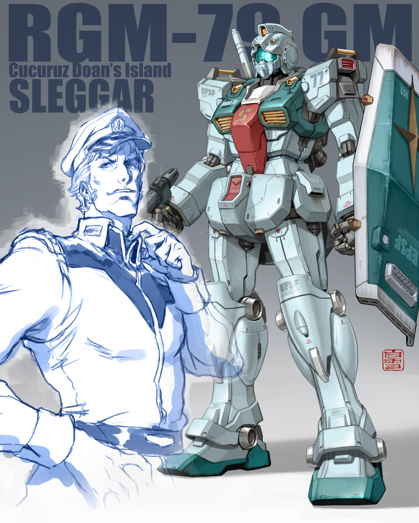 1boy absurdres beam_rifle beam_saber character_name earth_federation earth_federation_space_forces energy_gun ghost glowing gm_(mobile_suit) gundam hat highres logo looking_at_viewer machinery maeda_hiroyuki manly mecha military military_uniform mobile_suit mobile_suit_gundam mobile_suit_gundam:_cucuruz_doan's_island original redesign robot roundel science_fiction shadow shield signature sleggar_law uniform weapon