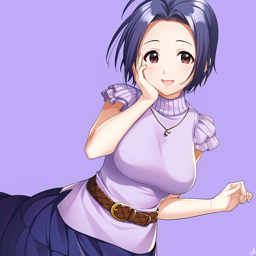 1girl ahoge belt blue_hair blue_skirt blush breasts brown_belt hand_on_own_cheek hand_on_own_face hands_up highres idolmaster idolmaster_(classic) idolmaster_million_live! idolmaster_million_live!_theater_days jewelry large_breasts leather_belt looking_at_viewer mikapoe miura_azusa necklace open_mouth purple_background purple_shirt red_eyes shirt short_hair short_sleeves signature simple_background skirt smile solo upper_body