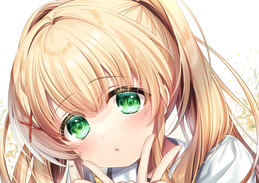 1girl blonde_hair blush chi_no close-up commentary double_v eyelashes eyes_visible_through_hair green_eyes hair_between_eyes hair_intakes hair_ornament hair_over_shoulder highres long_hair looking_at_viewer parted_lips shirt simple_background solo summer_pockets tsumugi_wenders twintails v white_background white_shirt x_hair_ornament