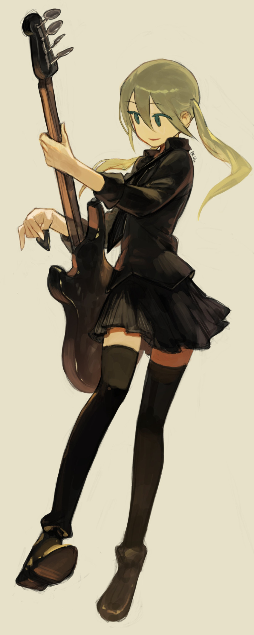 1girl absurdres black_shirt black_skirt black_thighhighs blonde_hair blue_eyes clock_lock_works_(vocaloid) collared_shirt full_body grey_background guitar hatsune_miku highres holding holding_instrument instrument long_hair long_sleeves music p_(pm_611a) parted_lips playing_instrument pleated_skirt plectrum shirt shoes simple_background skirt thigh-highs twintails vocaloid