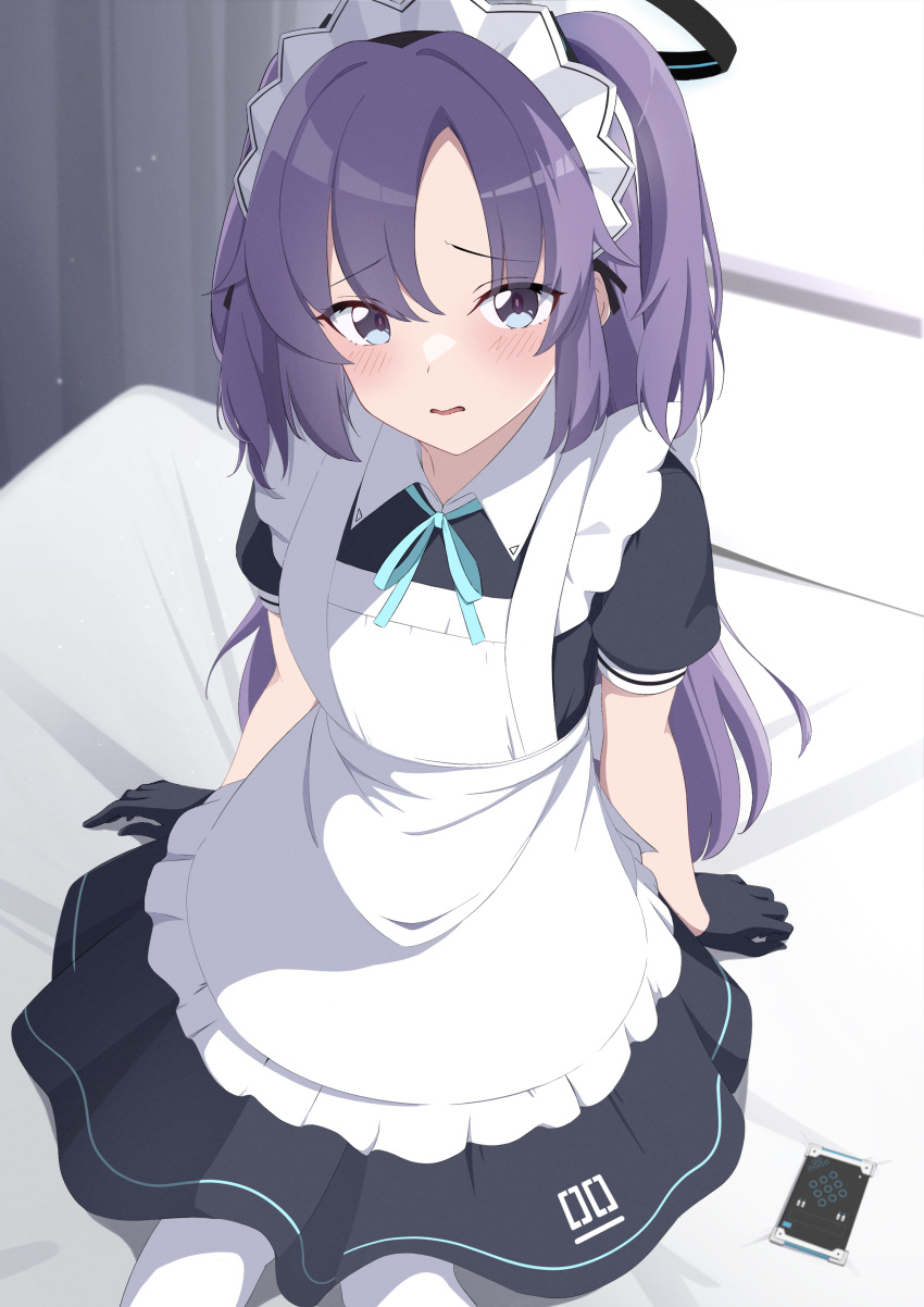 1girl absurdres alternate_costume apron aqua_ribbon black_dress black_gloves blue_archive blue_eyes blue_hair blush commentary_request dress enmaided gloves halo highres indoors kana_(wucz8478) looking_at_viewer maid maid_apron maid_headdress mechanical_halo neck_ribbon on_bed pantyhose parted_lips ribbon short_sleeves sitting solo two_side_up upper_body white_apron white_pantyhose yuuka_(blue_archive)