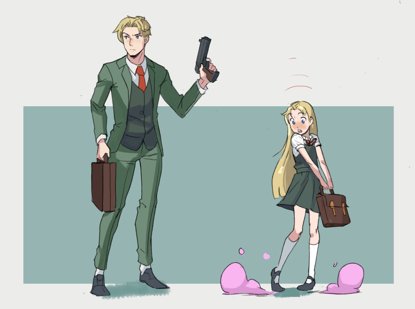 1boy 1girl age_regression aged_down black_footwear blonde_hair blue_eyes blush briefcase collared_shirt dress dress_shoes english_commentary flat_chest frown genderswap genderswap_(mtf) green_dress green_jacket green_pants green_suit green_vest gun henshin highres holding holding_briefcase holding_gun holding_weapon jacket kneehighs long_hair long_sleeves looking_afar looking_at_self mary_janes motion_lines multiple_views necktie pants parted_bangs red_necktie school_uniform shirt shoes short_dress short_hair short_sleeves simple_background smoke socks spy_x_family straight_hair suit surprised twilight_(spy_x_family) vest weapon white_shirt white_socks zrav7853
