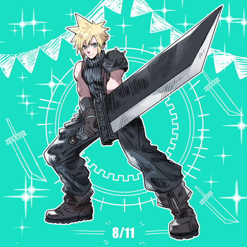 1boy armor baggy_pants black_footwear black_gloves blonde_hair blue_eyes boots buster_sword closed_mouth cloud_strife commentary_request dated fighting_stance final_fantasy final_fantasy_vii final_fantasy_vii_remake full_body gloves highres holding holding_sword holding_weapon huge_weapon looking_at_viewer male_focus nnnmmg0725 pants ribbed_sweater short_hair shoulder_armor single_bare_shoulder sleeveless sleeveless_turtleneck smile solo sparkle spiky_hair standing suspenders sweater sword toned toned_male turtleneck turtleneck_sweater weapon